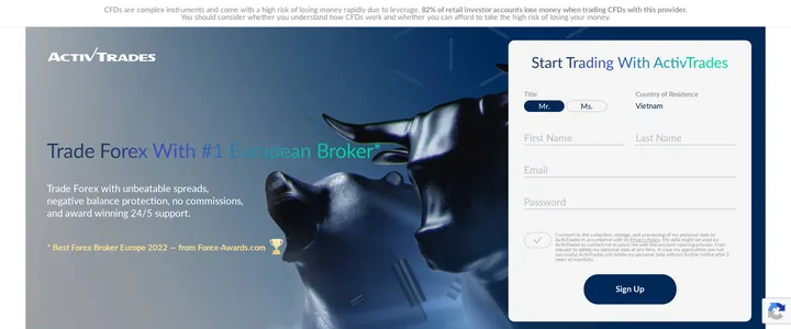 ActivTrades homepage headline "Start Trading With ActivTrades" and "Trade Forex With #1 European Broker"
