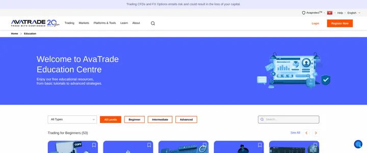 AvaTrade's education page headed 'Welcome to AvaTrade Education Centre' listing a Trading for Beginners section with 53 articles
