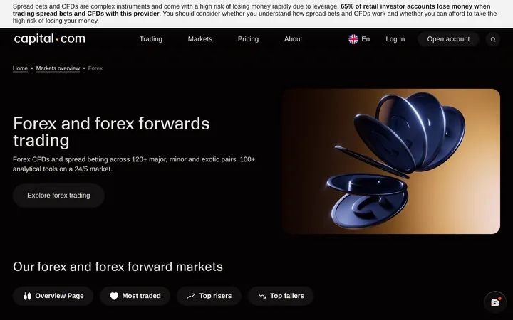Capital.com forex market page reading 'Forex and forex forward trading' advertising 120+ major, minor and exotic pairs on a 24/5 market