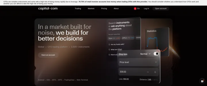 Capital.com homepage headline 'In a market built for noise, we build for better decisions' stating the broker is authorised and regulated by the Securities Commission of The Bahamas