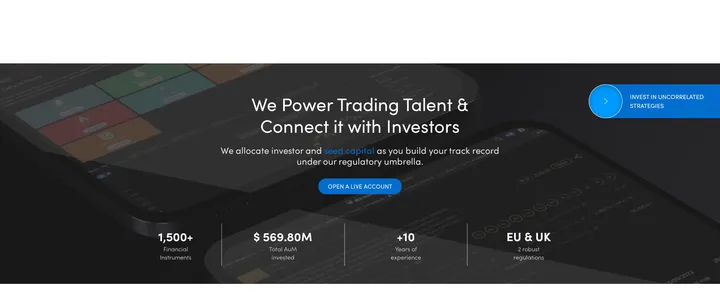 Darwinex homepage stating 569.80 million dollars total AuM invested and 1,500+ financial instruments