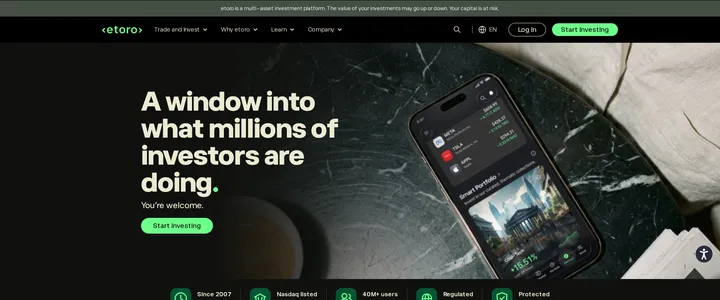 eToro's dark homepage reading 'A window into what millions of investors are doing' over a hero banner and risk warning