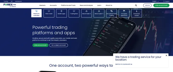 FOREX.com's trading platforms page listing Web trader, Mobile apps, TradingView, MetaTrader 5 and MetaTrader 4