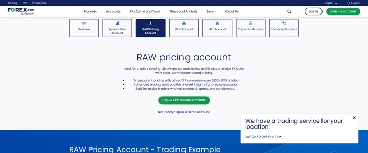 FOREX.com's RAW Pricing Account page showing a trading example with a fixed 7 dollar commission per 100,000 dollars traded