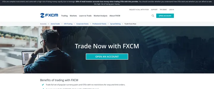 FXCM "Trade Now with FXCM" page listing benefits of the account range