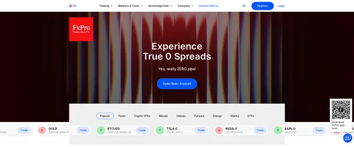 FxPro's homepage headline 'Experience True 0 Spreads Yes, really ZERO pips!' above a hero banner