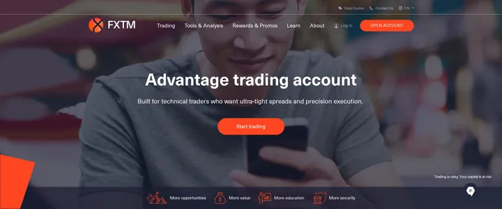 FXTM's Advantage account page headed 'Advantage trading account' with the line 'Built for technical traders who want ultra-tight spreads and precision execution'