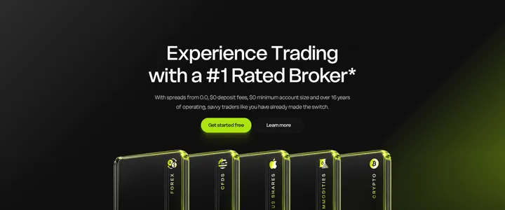 Global Prime homepage headline 'Experience Trading with a #1 Rated Broker' stating spreads from 0.0, $0 deposit fees and $0 minimum account size