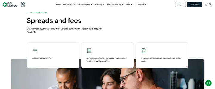 GO Markets spreads and fees page describing variable spreads from tier one and tier two liquidity providers