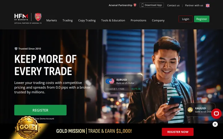 HFM homepage headline 'Keep more of every trade' stating lower trading costs with competitive pricing and spreads from 0.0 pips