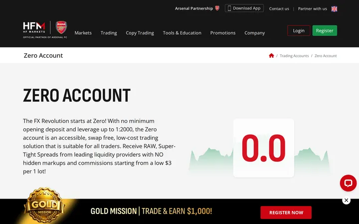 HFM Zero Account page reading 'ZERO ACCOUNT' and describing no minimum opening deposit with leverage up to 1:2000