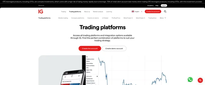 IG's trading platforms page listing devices for online and mobile trading under the heading Trading platforms