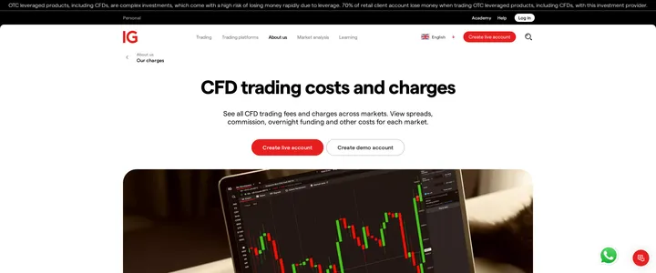 IG's costs and charges page showing a laptop screen with trading trends next to the heading CFD trading costs and charges