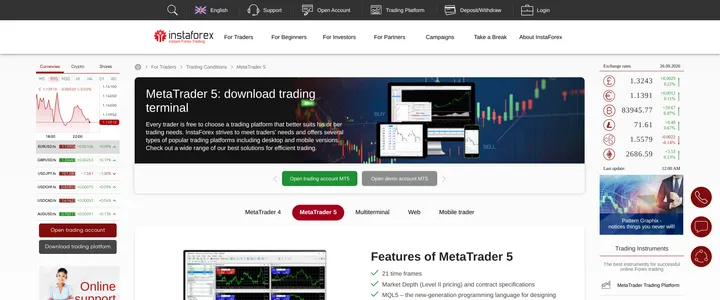 InstaForex's MetaTrader 5 download page, showing platform screenshots and a live price chart