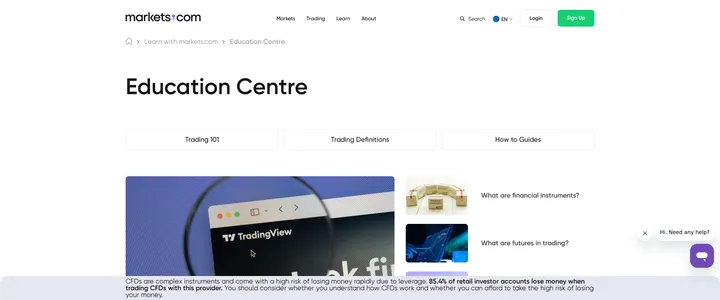 Markets.com Education Centre page with a Master Your Trading Journey guide