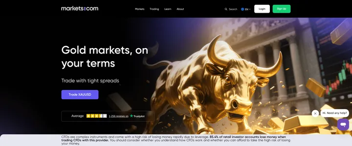 Markets.com homepage reading Gold markets, on your terms, with a Forex, Shares, Commodities, Indices and Crypto product menu