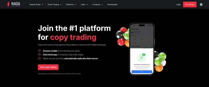 NAGA's copy trading page headed 'Join the #1 platform for copy trading' with the subheading 'Copy the moves of top-performing traders in real time with NAGA Autocopy'