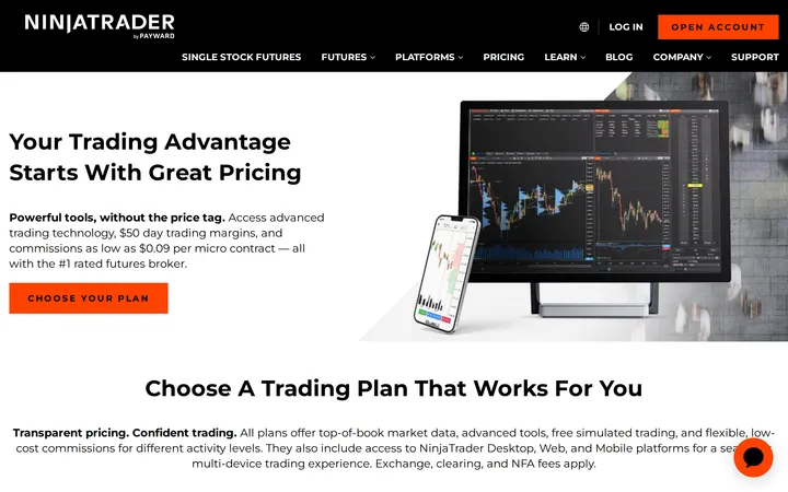 NinjaTrader pricing page headline 'Your Trading Advantage Starts With Great Pricing' listing plan tiers and commission rates