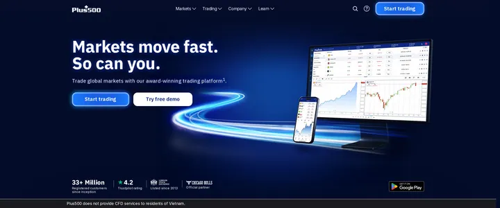 Plus500 homepage with the headline Markets move fast, so can you