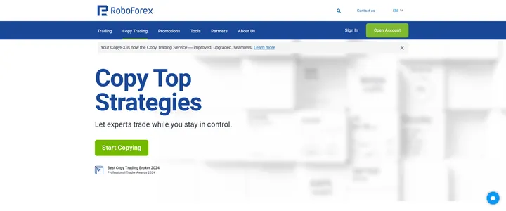 RoboForex "Copy Top Strategies" CopyFX page reading "Let experts trade while you stay in control"