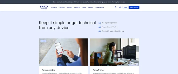 Saxo homepage headline Discover a better way to invest, with the Danish Guarantee Fund protection noted below it