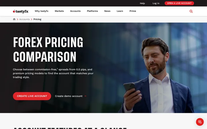 tastyfx forex pricing comparison page showing account features at a glance for commission-free, from 0.0 pips and premium pricing models