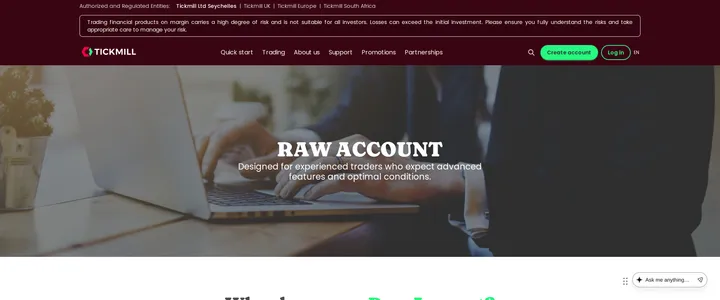 Tickmill's Raw account page headed 'Raw Account' with the question 'Why choose our Raw Account?' below it