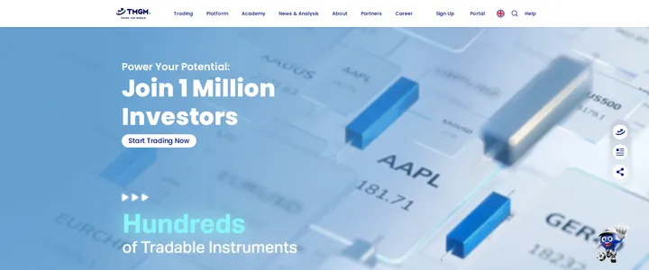 TMGM homepage reading Join 1 Million Investors over a dark video background