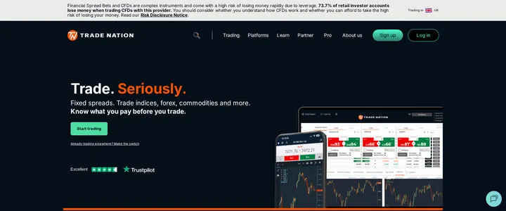 Trade Nation's homepage headline 'Trade. Seriously.' with a subheading about fixed spreads on indices, forex and commodities