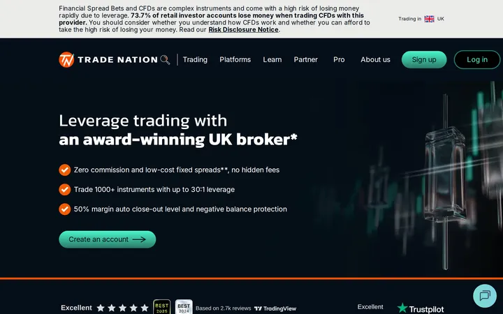 Trade Nation's leverage page headed 'Leverage trading with an award-winning UK broker*' listing up to 30:1 leverage on 1000+ instruments