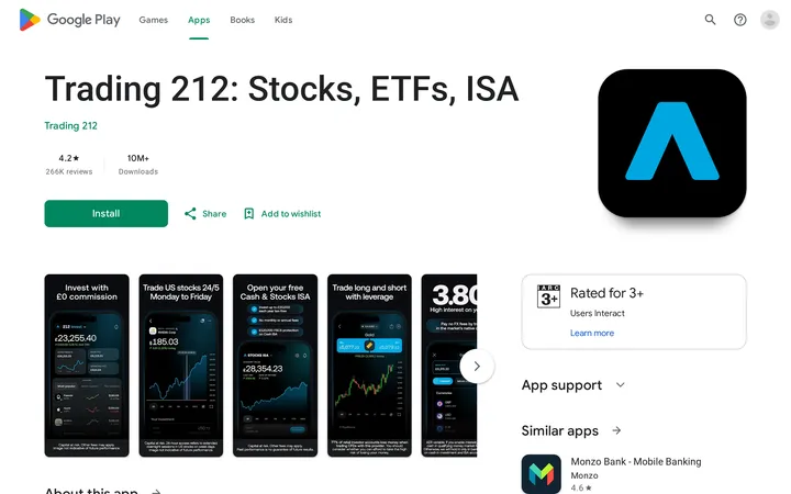 Google Play listing for the Trading 212 app, showing its icon, screenshots and app support section