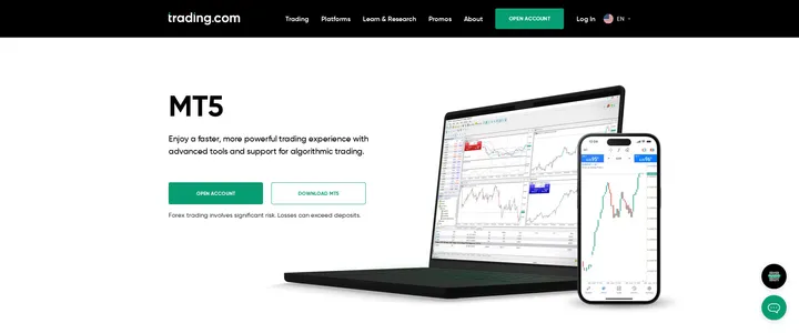 Trading.com's MT5 page, describing algorithmic trading support