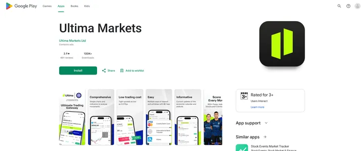 Ultima Markets app listing on Google Play, showing the app icon and store description